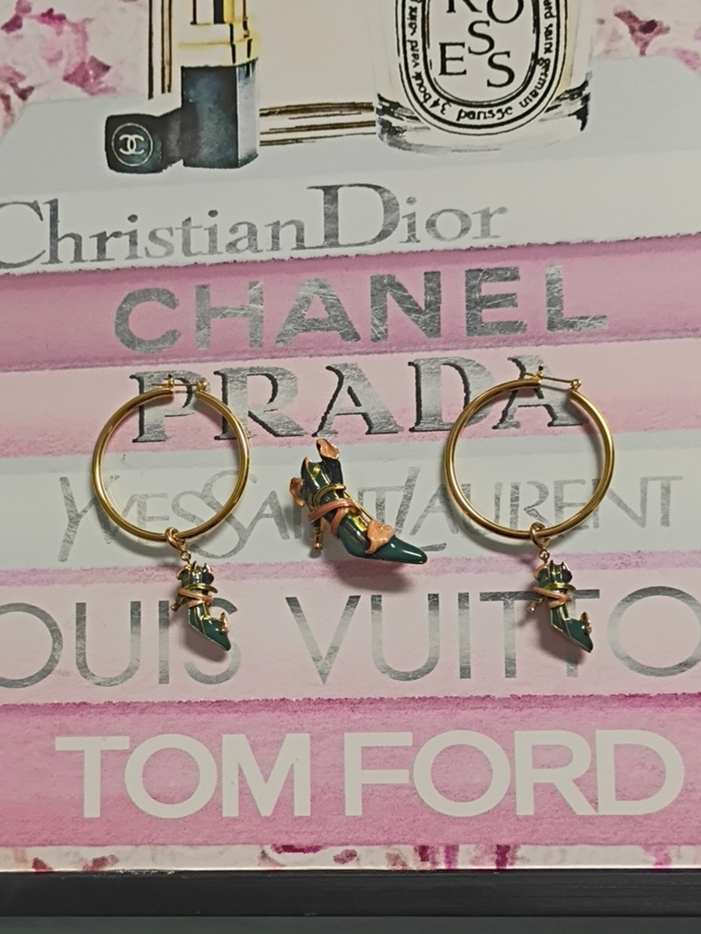 ❤️3 KENNETH JAY LANE KJL Brooch Pin Hoop Earrings Green Pink Stiletto Pump Shoe